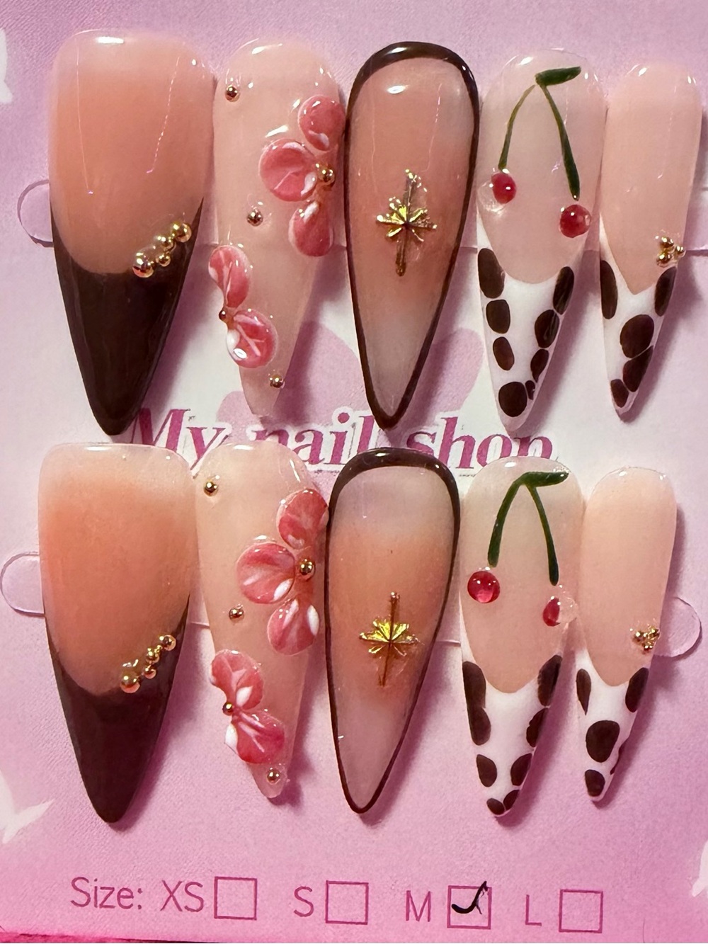 Chic Nude & Chocolate Stiletto Press-On Nails with Pink Floral and Cherry Art